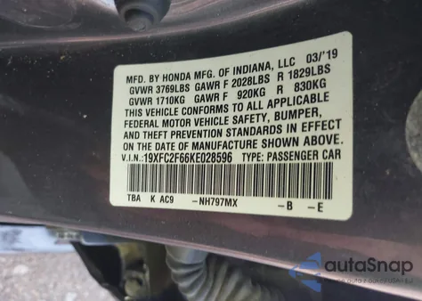 2019 Honda Civic Lx из США, поврежденный, VIN 19XFC2F66KE028596